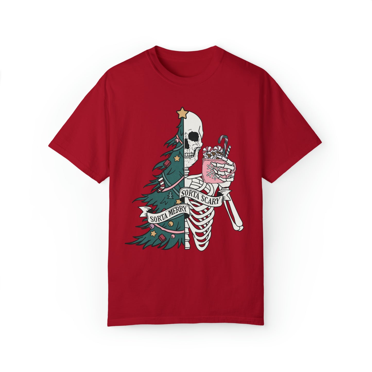 Half Marry, Half Scary Christmas Tree and Skeleton Holiday Unisex Garment-Dyed T-shirt