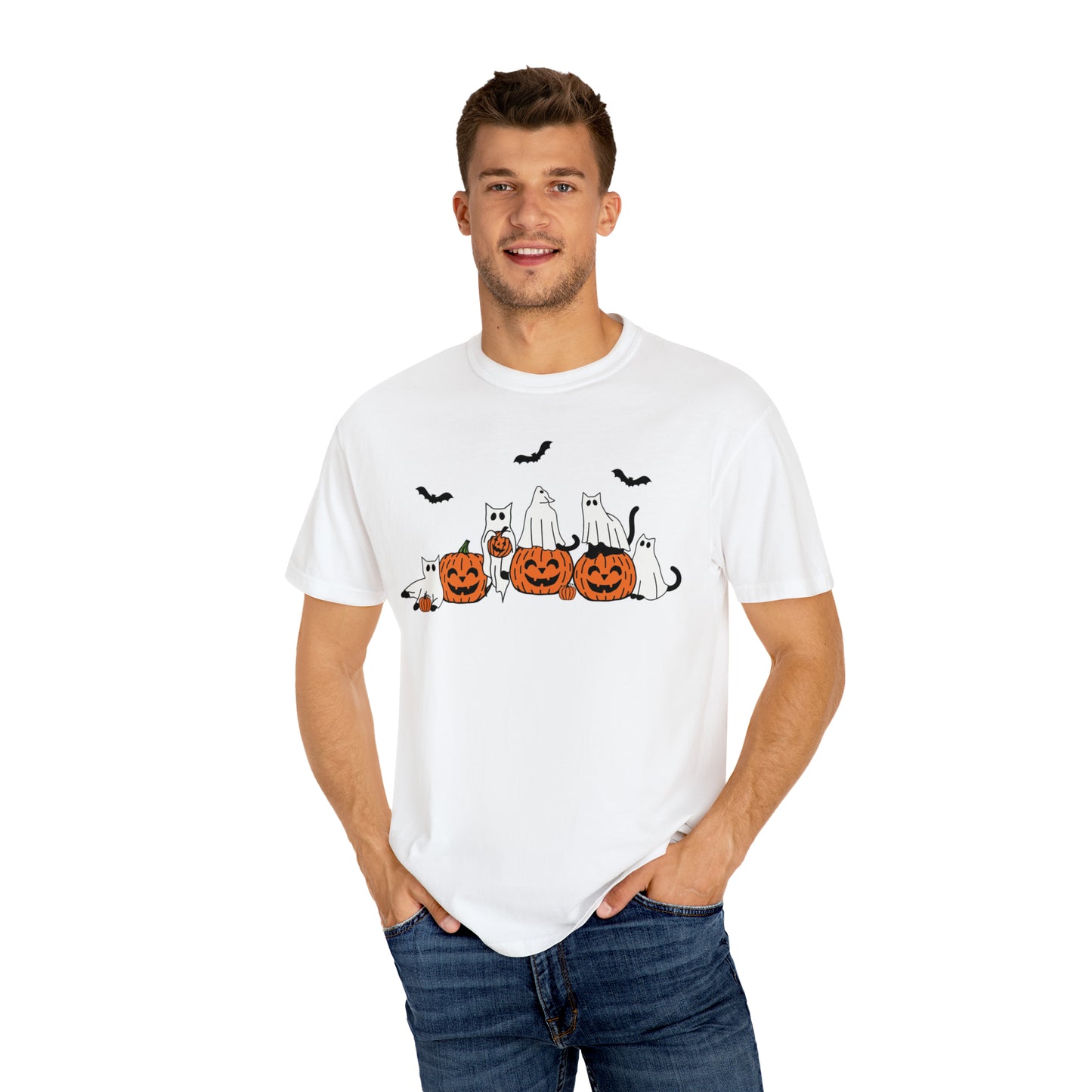 Cat Ghosts Playing on Jack-O-Lantern Pumpkins Halloween Comfort Colors Unisex Garment-Dyed T-shirt