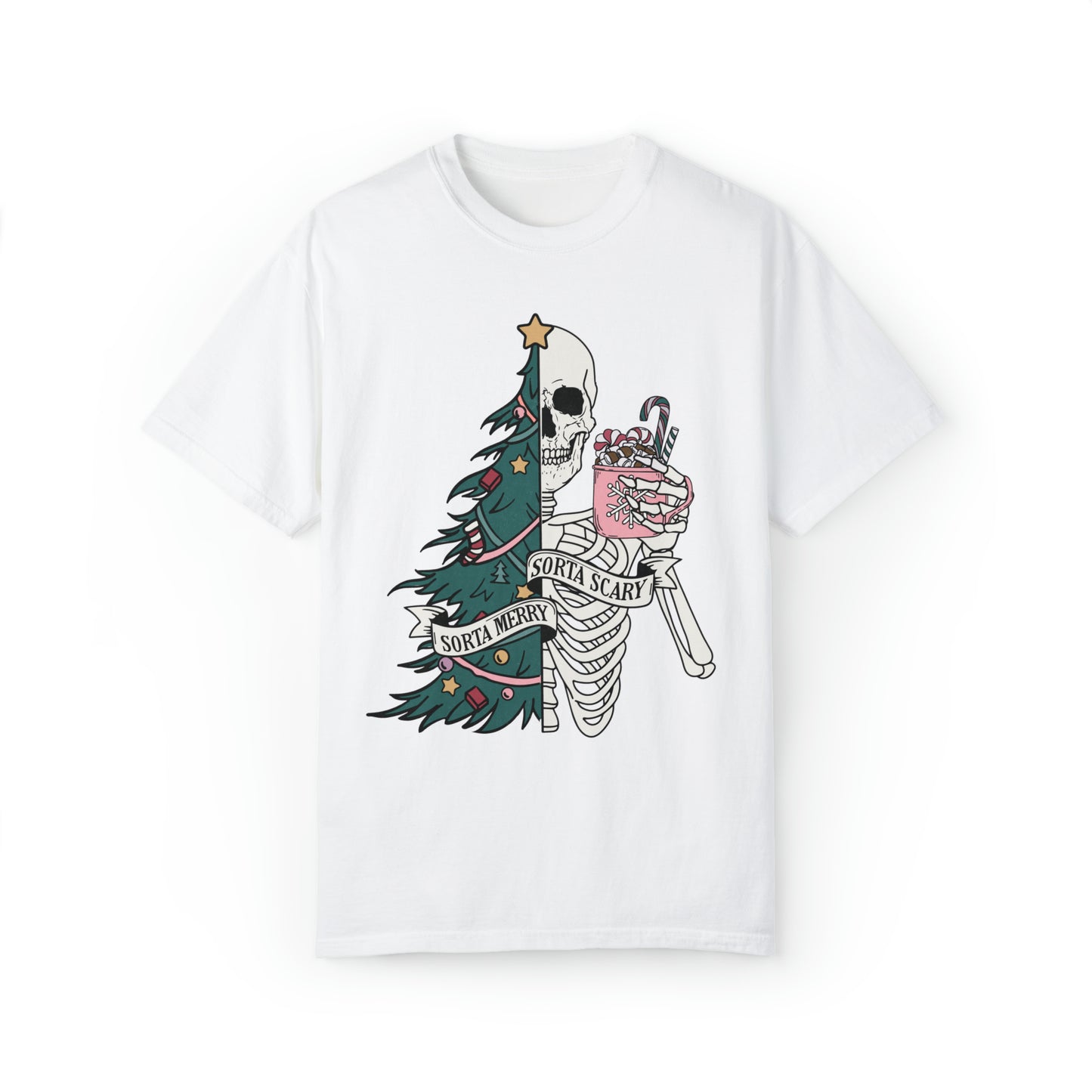 Half Marry, Half Scary Christmas Tree and Skeleton Holiday Unisex Garment-Dyed T-shirt