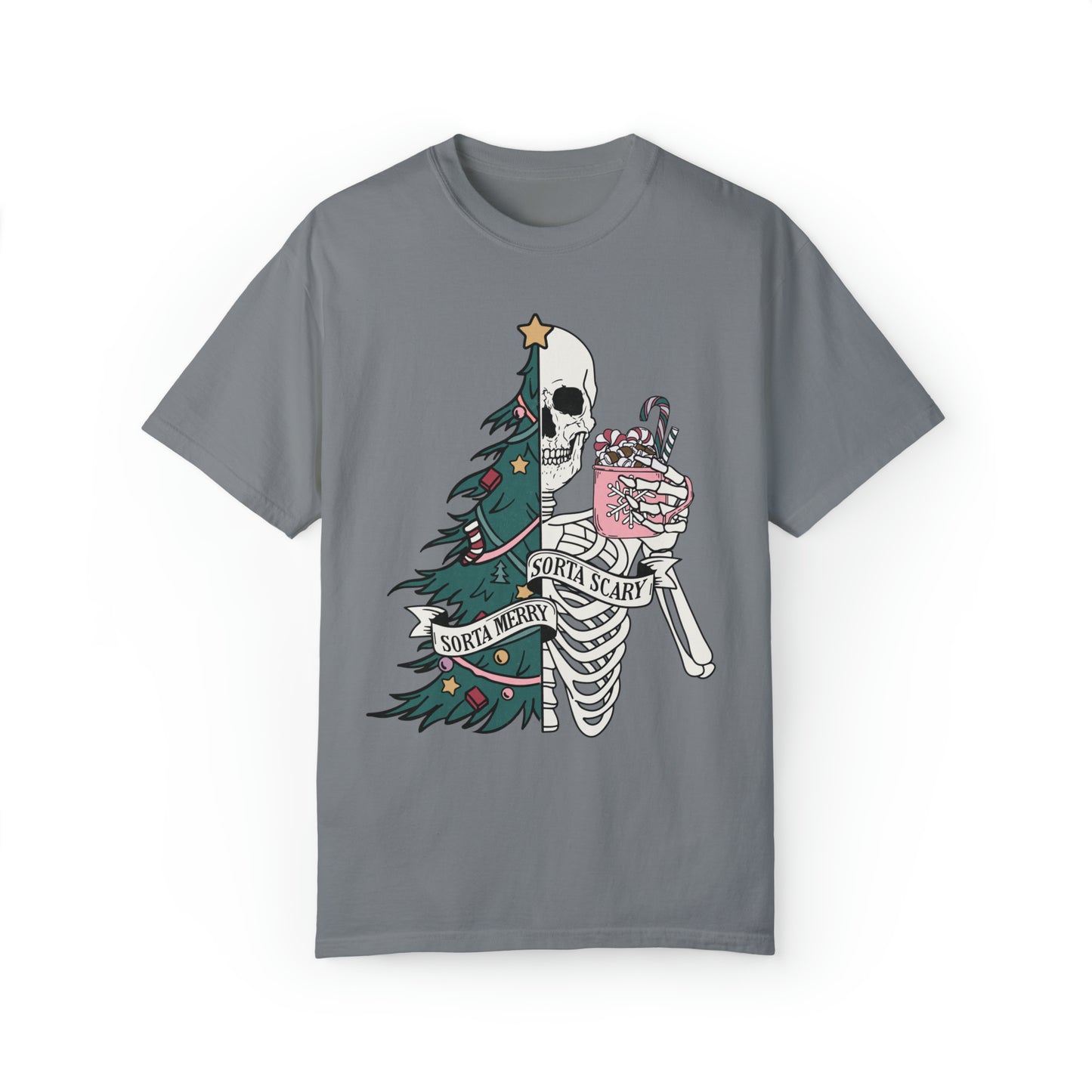 Half Marry, Half Scary Christmas Tree and Skeleton Holiday Unisex Garment-Dyed T-shirt