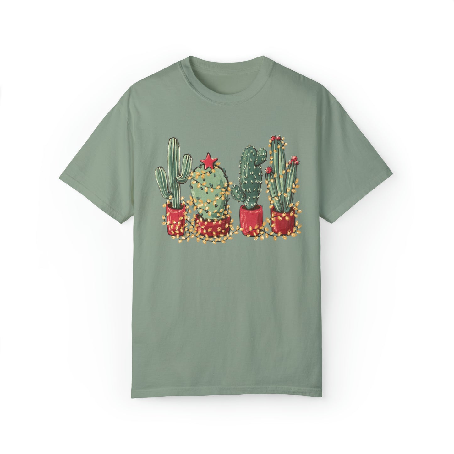 Cactus Christmas Lights Christmas Garment-Dyed T-shirt