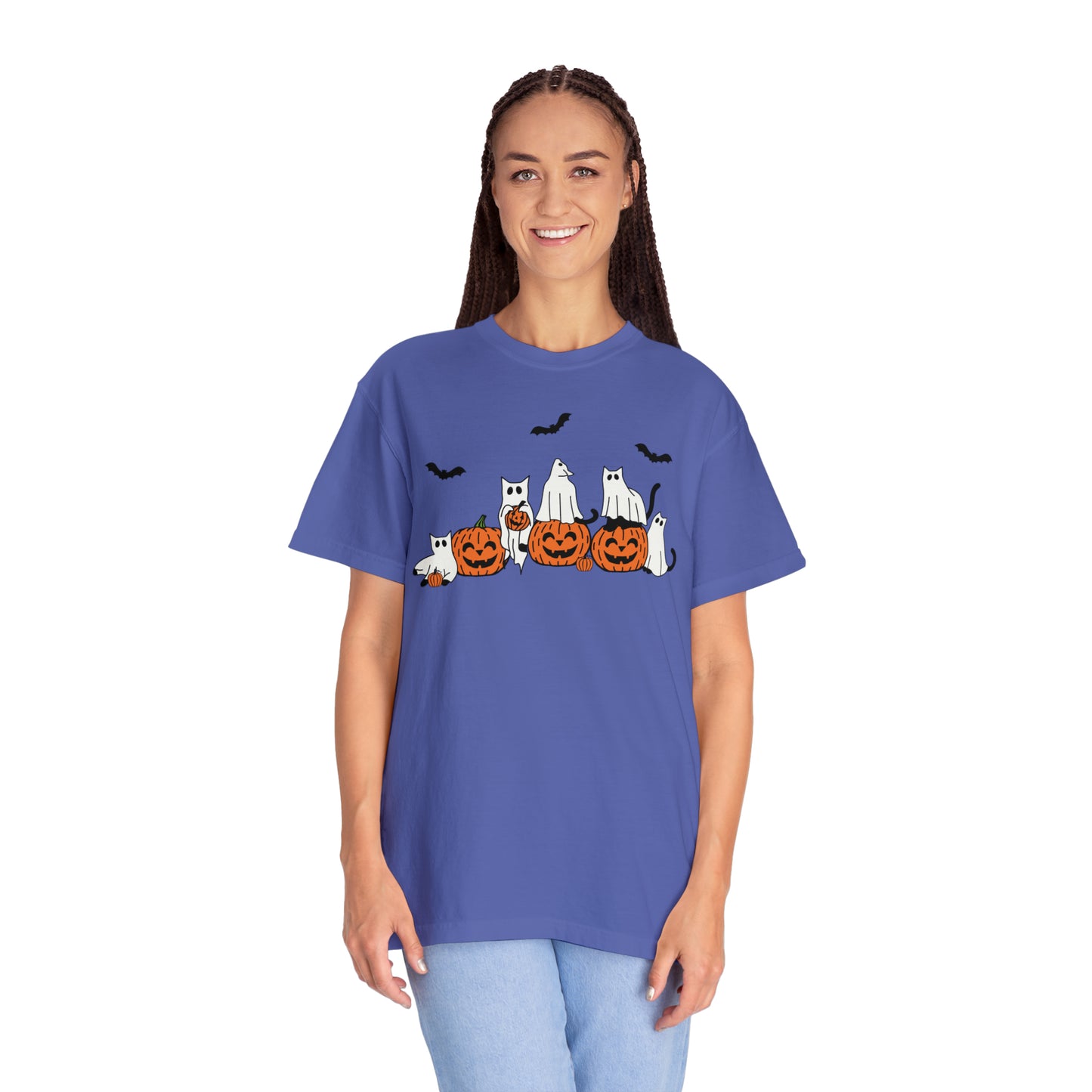 Cat Ghosts Playing on Jack-O-Lantern Pumpkins Halloween Comfort Colors Unisex Garment-Dyed T-shirt