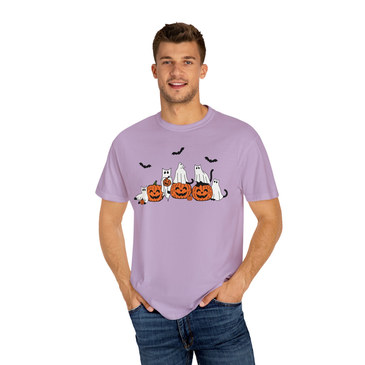 Cat Ghosts Playing on Jack-O-Lantern Pumpkins Halloween Comfort Colors Unisex Garment-Dyed T-shirt