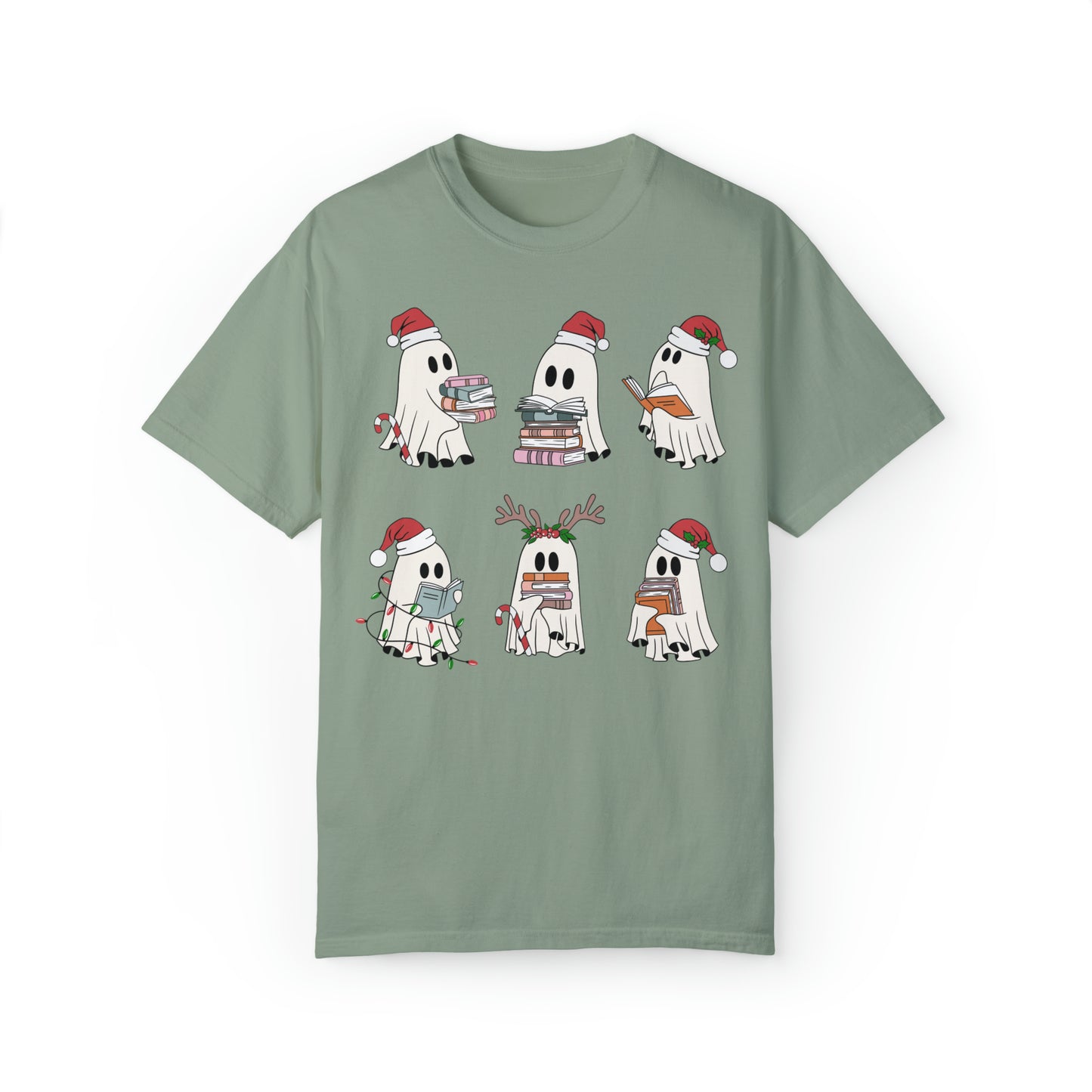 Santa Cute Ghost Reading Christmas Holiday Book Lover  Unisex Garment-Dyed T-shirt