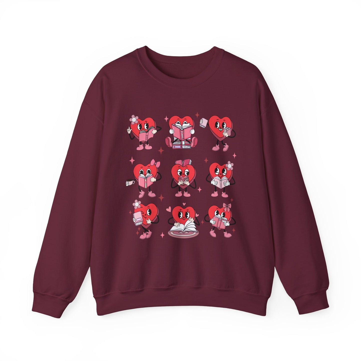 Heart Cartoon Reading Book Lover Valentines Unisex Crewneck Sweatshirt