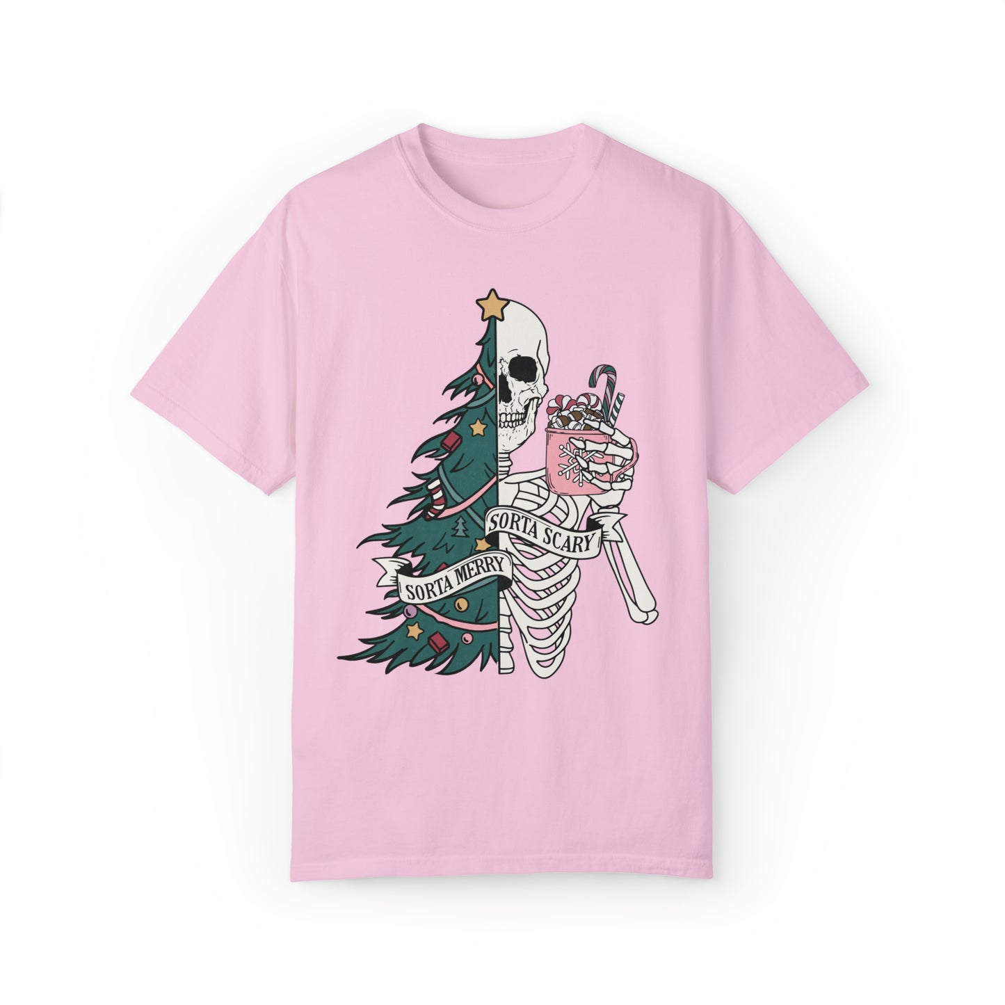 Half Marry, Half Scary Christmas Tree and Skeleton Holiday Unisex Garment-Dyed T-shirt