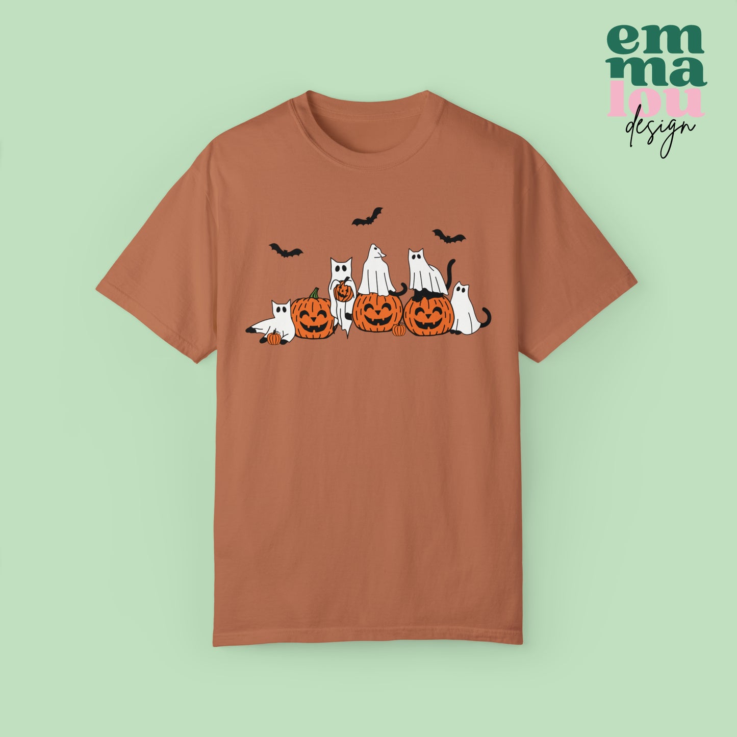 Cat Ghosts Playing on Jack-O-Lantern Pumpkins Halloween Comfort Colors Unisex Garment-Dyed T-shirt