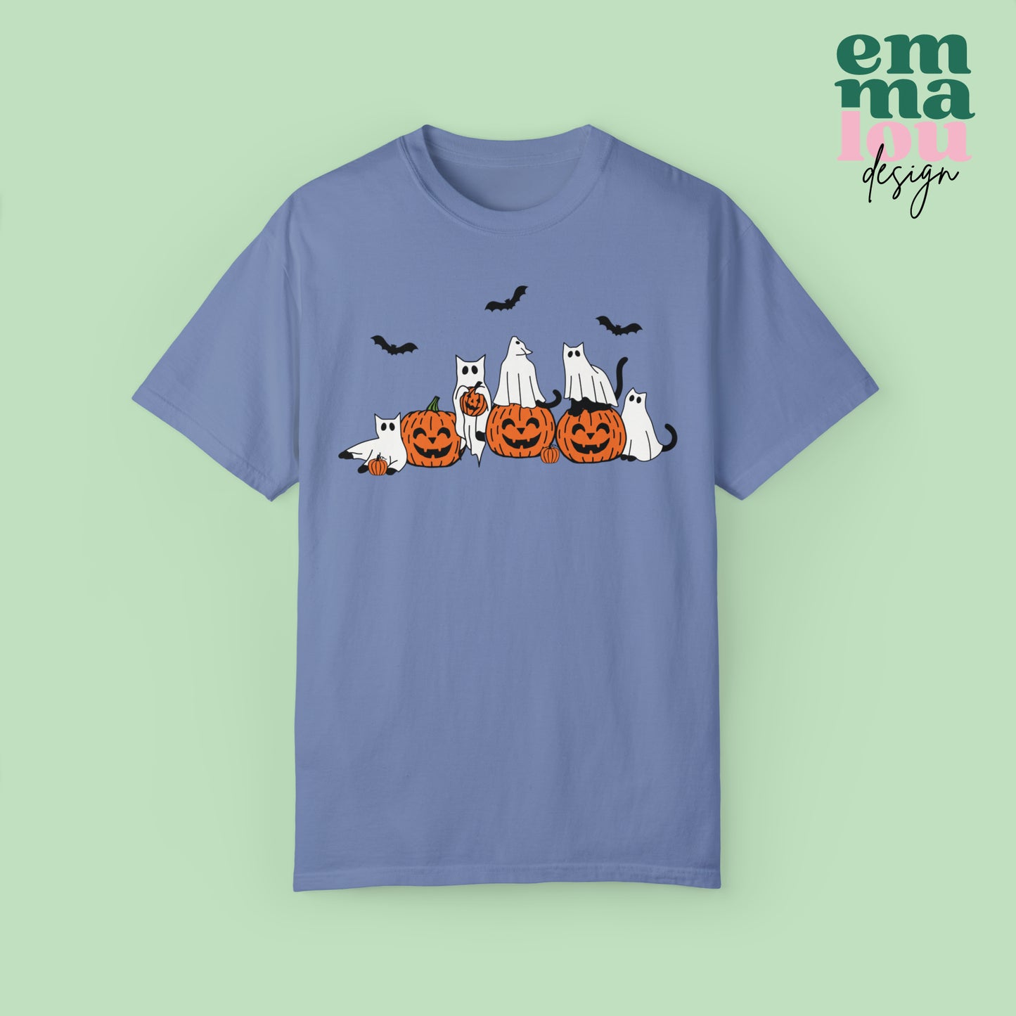 Cat Ghosts Playing on Jack-O-Lantern Pumpkins Halloween Comfort Colors Unisex Garment-Dyed T-shirt