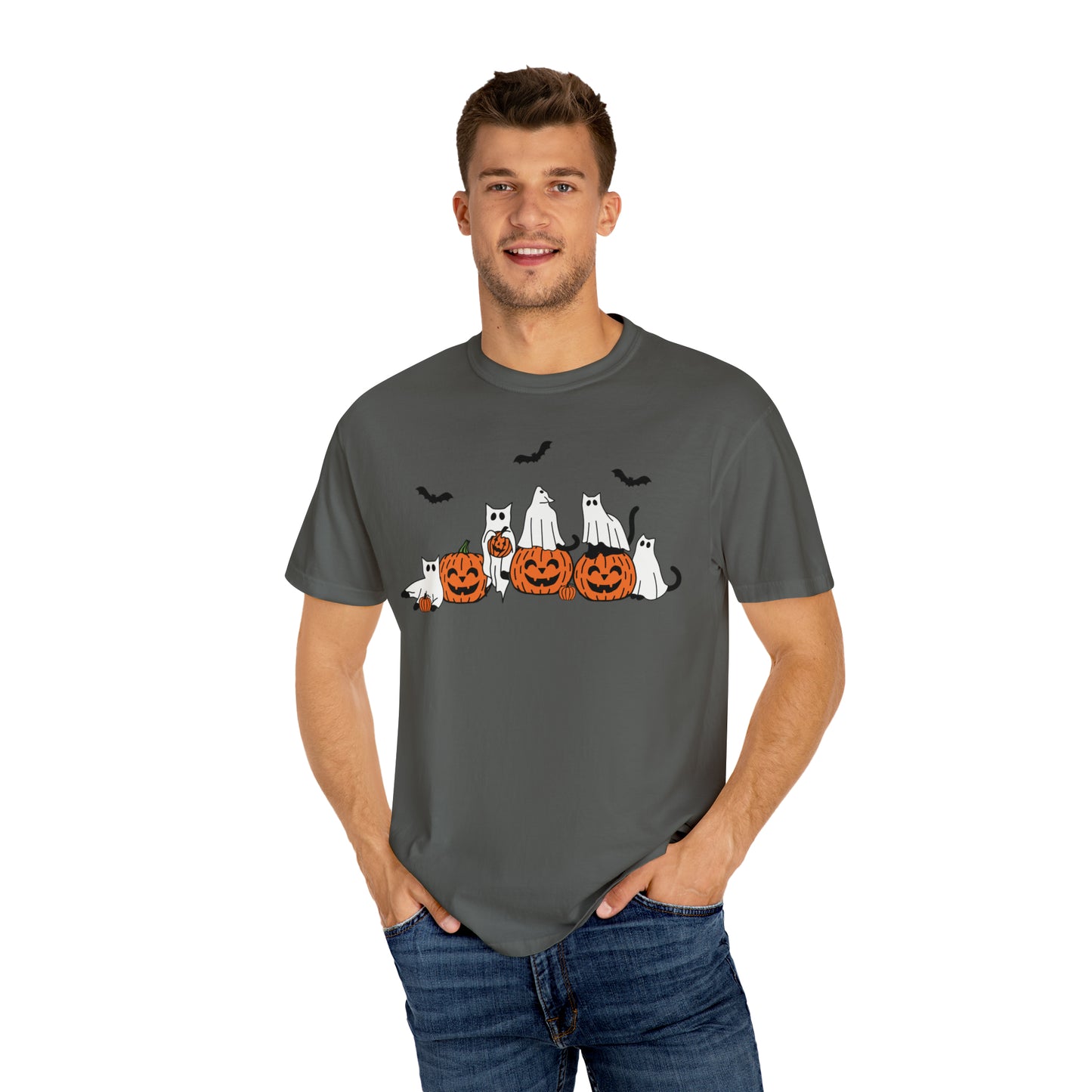 Cat Ghosts Playing on Jack-O-Lantern Pumpkins Halloween Comfort Colors Unisex Garment-Dyed T-shirt