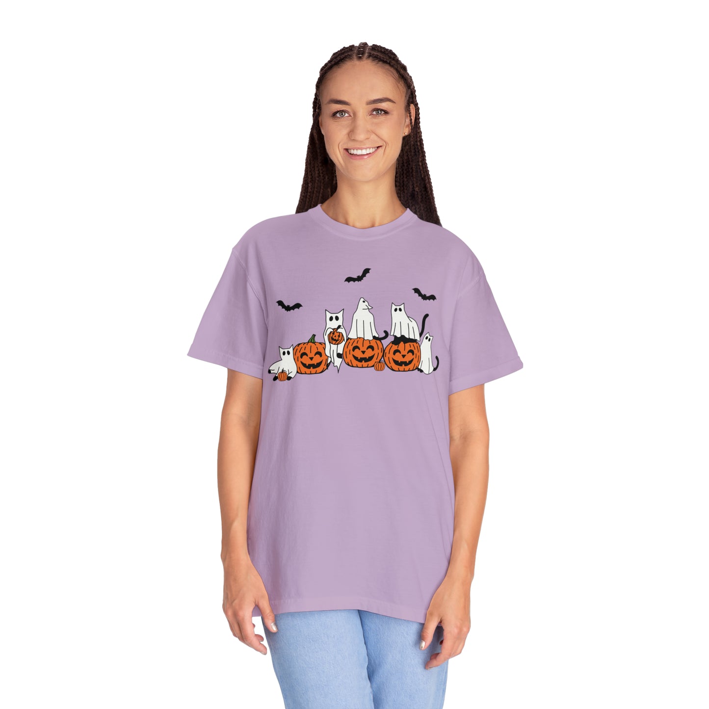 Cat Ghosts Playing on Jack-O-Lantern Pumpkins Halloween Comfort Colors Unisex Garment-Dyed T-shirt