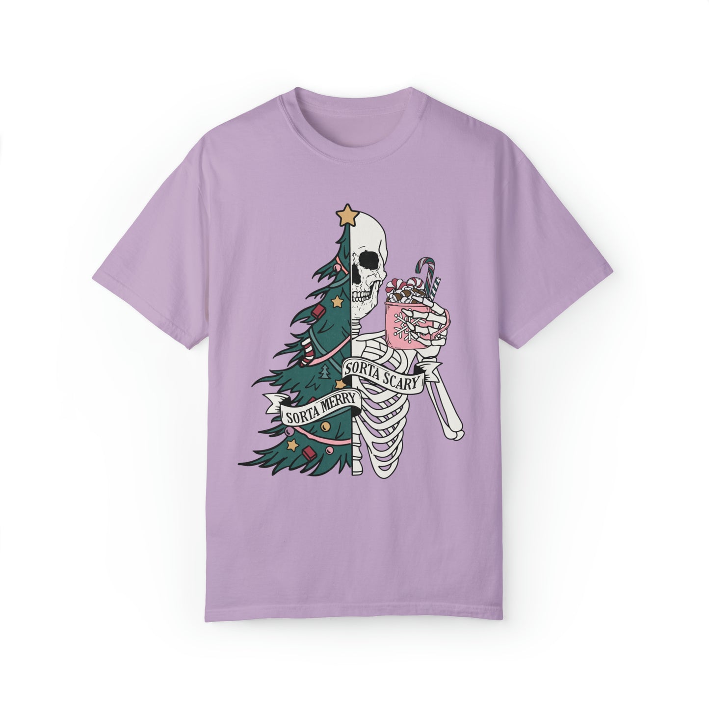 Half Marry, Half Scary Christmas Tree and Skeleton Holiday Unisex Garment-Dyed T-shirt