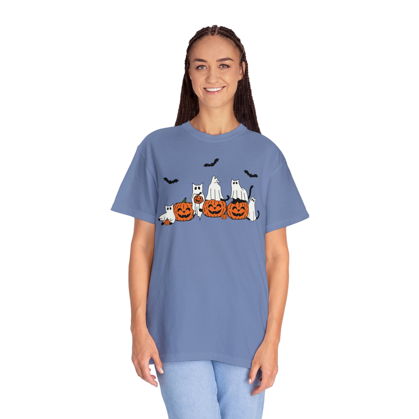 Cat Ghosts Playing on Jack-O-Lantern Pumpkins Halloween Comfort Colors Unisex Garment-Dyed T-shirt