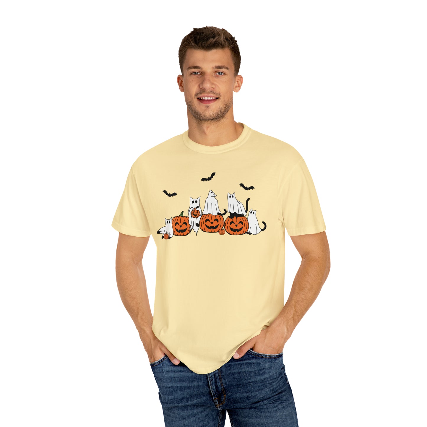 Cat Ghosts Playing on Jack-O-Lantern Pumpkins Halloween Comfort Colors Unisex Garment-Dyed T-shirt