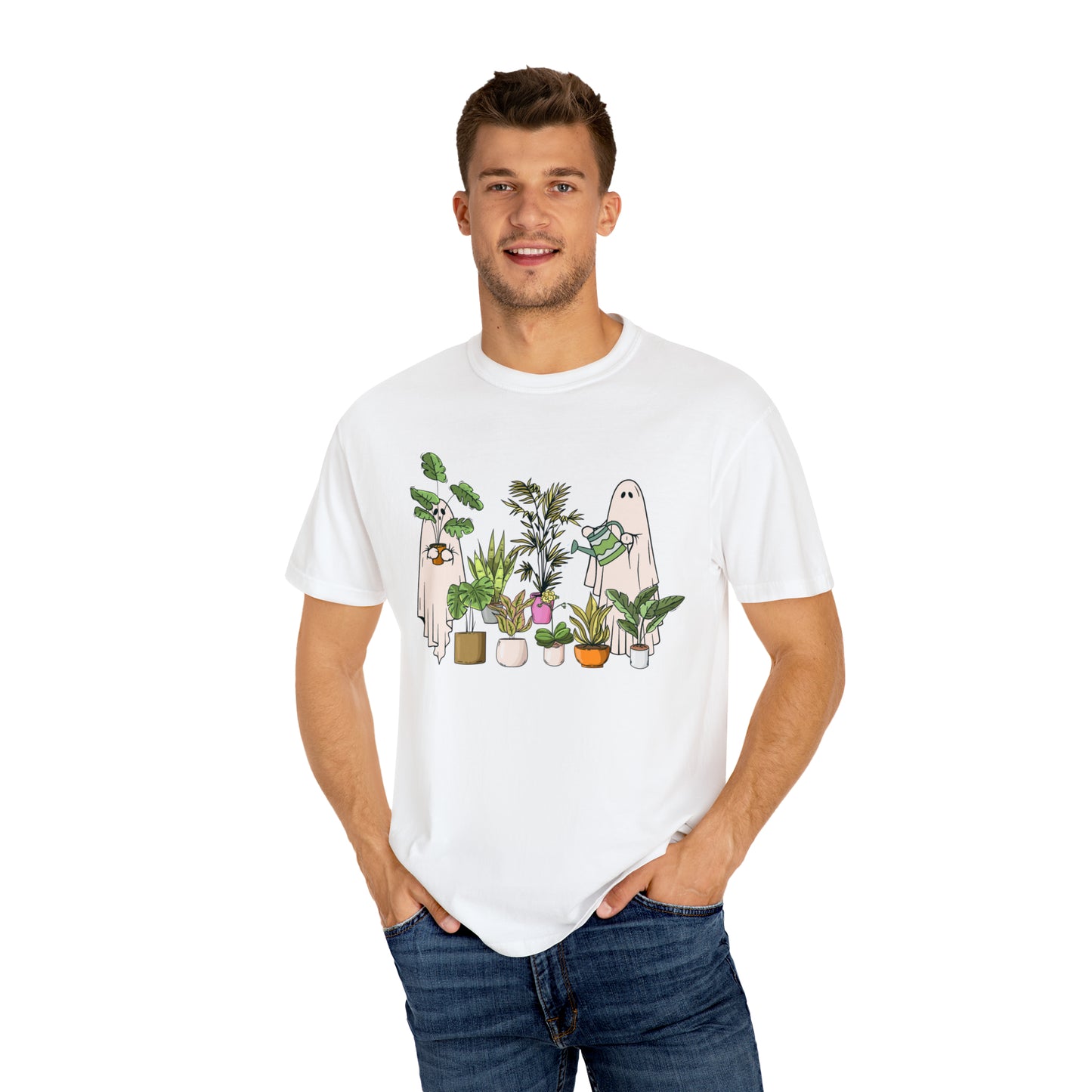 Ghostly Green Thumbs: Ghost Plant Lovers Watering House Plants Comfort Colors Unisex Garment-Dyed T-shirt