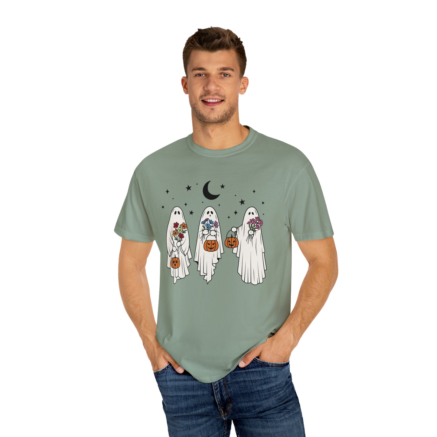 Boho Trick or Treating Ghosts holding Flowers and Pumpkins Comfort Colors Unisex Garment-Dyed T-shirt