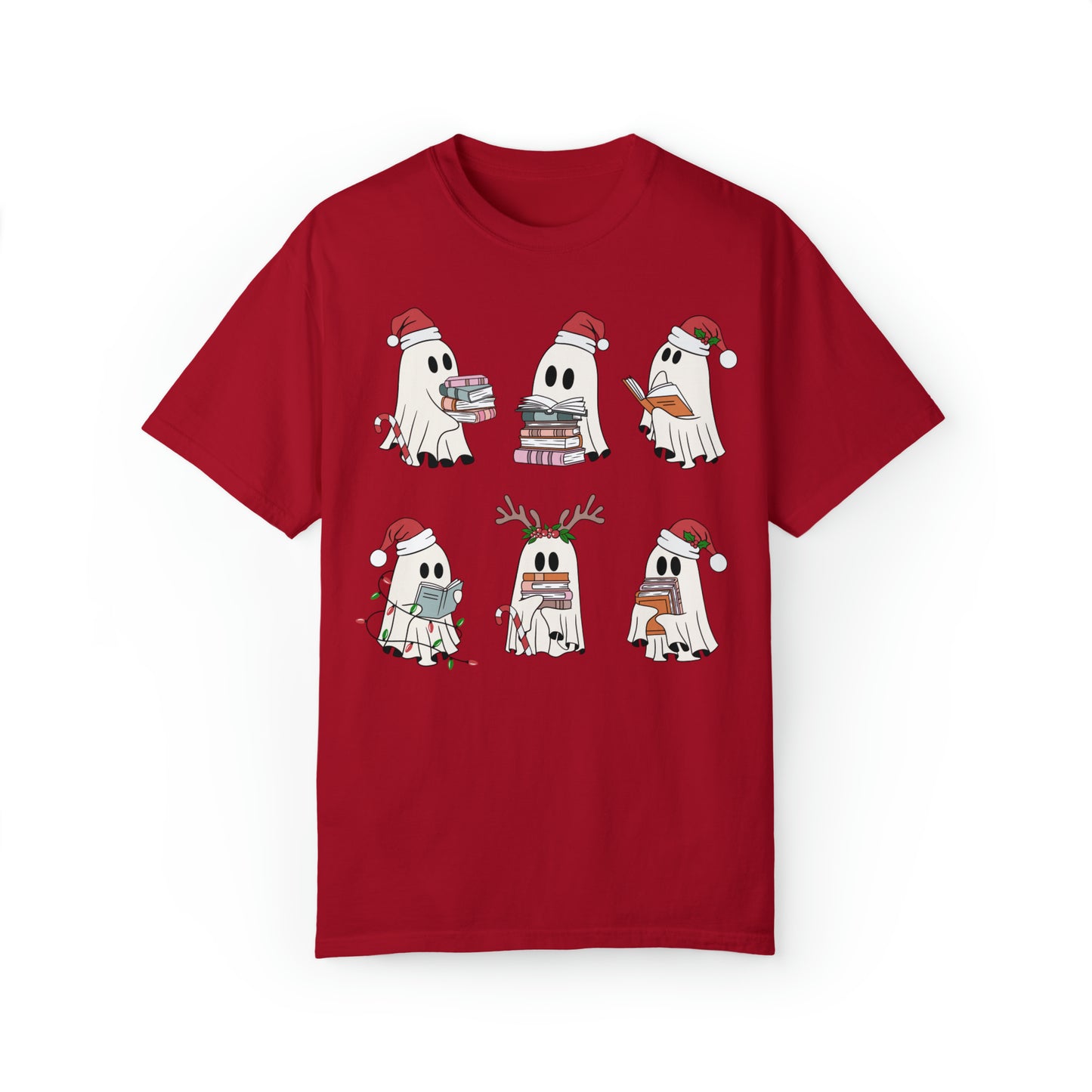 Santa Cute Ghost Reading Christmas Holiday Book Lover  Unisex Garment-Dyed T-shirt