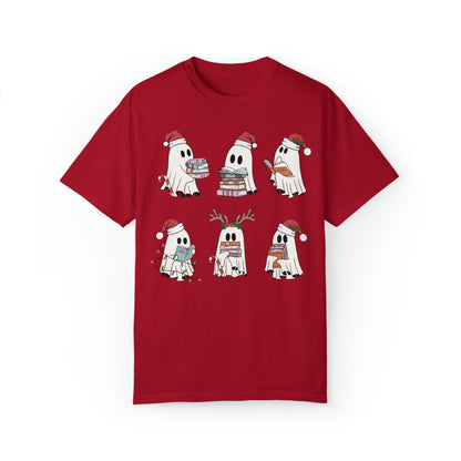 Santa Cute Ghost Reading Christmas Holiday Book Lover  Unisex Garment-Dyed T-shirt