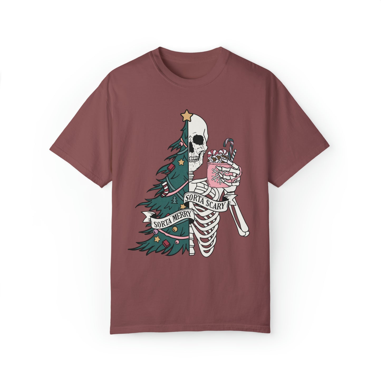 Half Marry, Half Scary Christmas Tree and Skeleton Holiday Unisex Garment-Dyed T-shirt