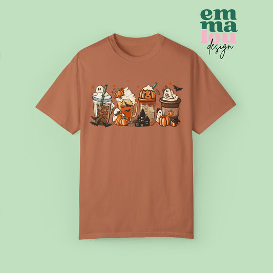 Boo Fall Coffee Latte featuring Ghosts, Bats, and Pumpkins Halloween Comfort Colors Unisex Garment-Dyed T-shirt