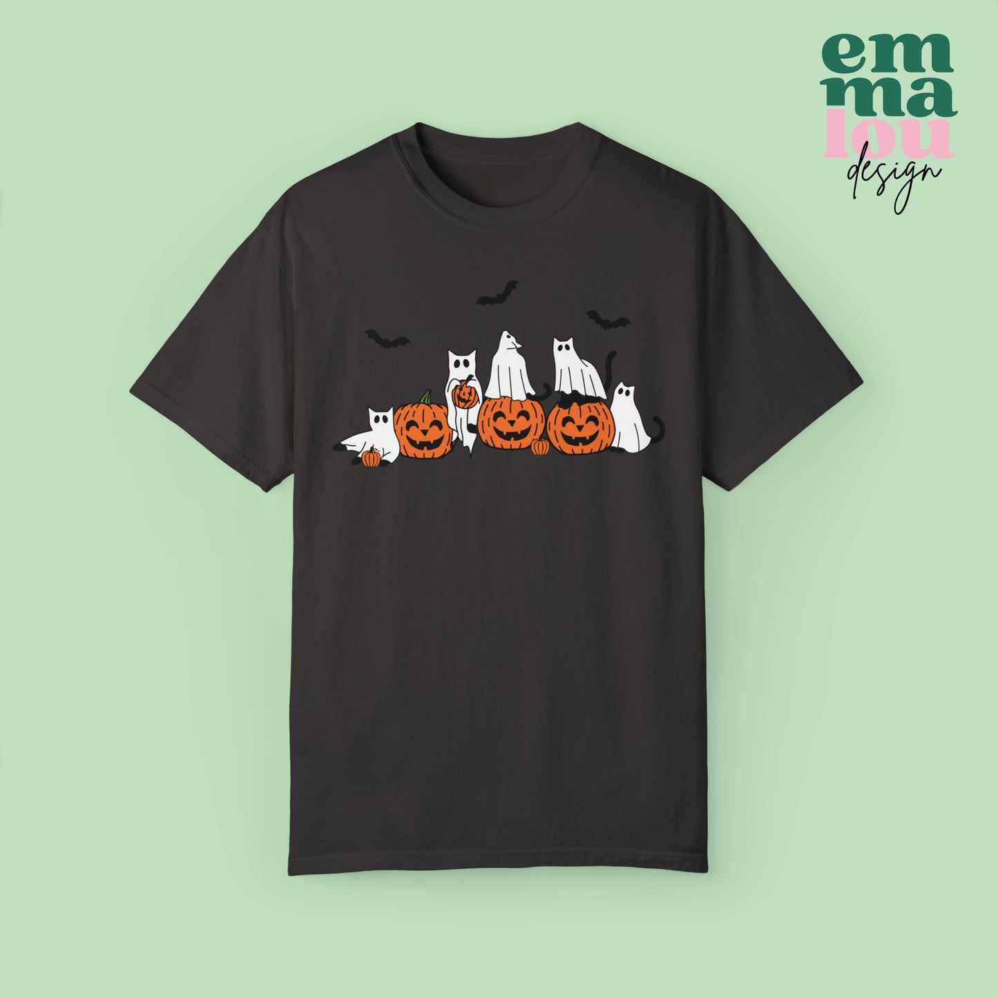 Cat Ghosts Playing on Jack-O-Lantern Pumpkins Halloween Comfort Colors Unisex Garment-Dyed T-shirt