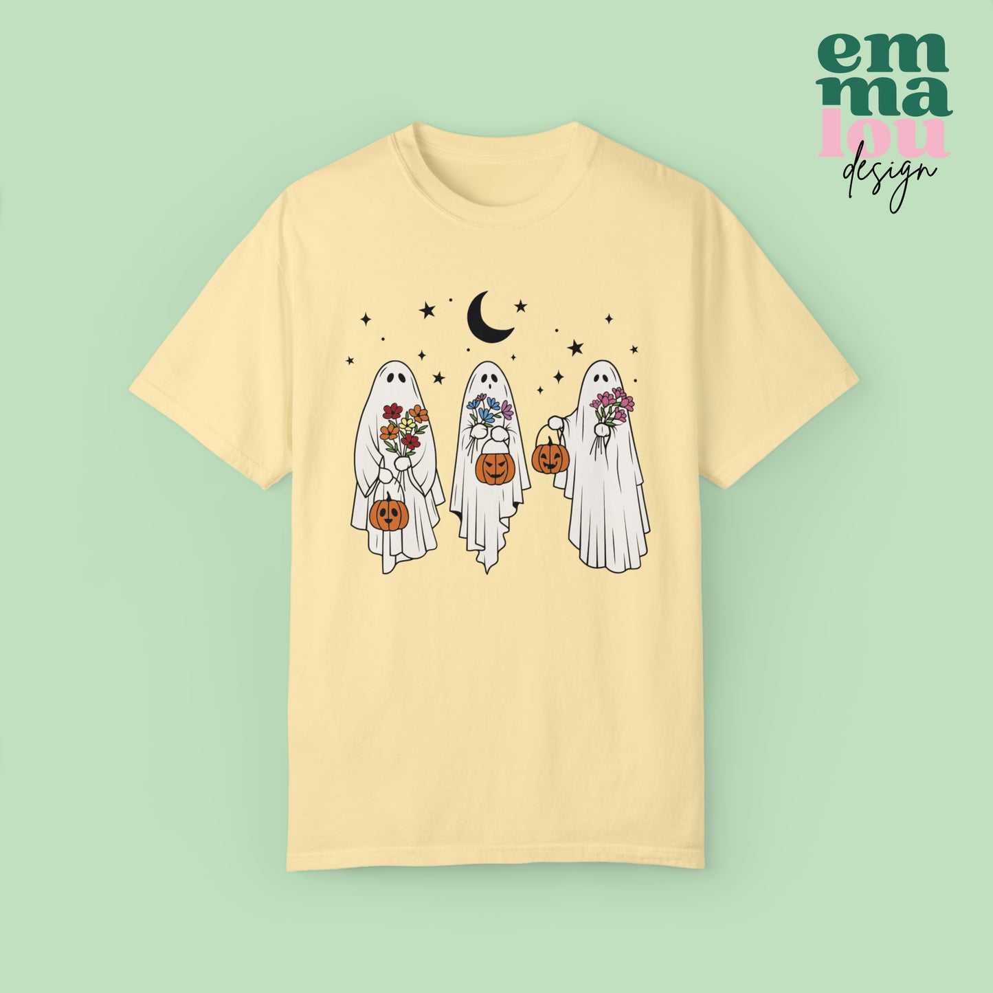 Boho Trick or Treating Ghosts holding Flowers and Pumpkins Comfort Colors Unisex Garment-Dyed T-shirt