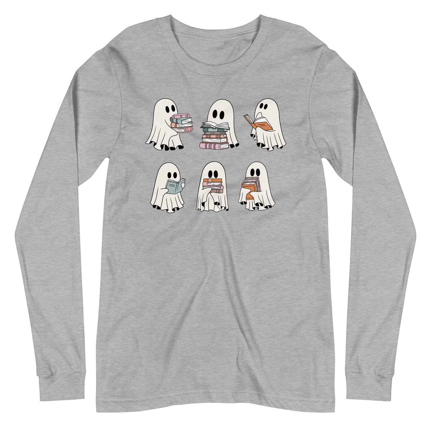 Cute Ghost Reading Halloween Book Lover Unisex Long Sleeve Tee