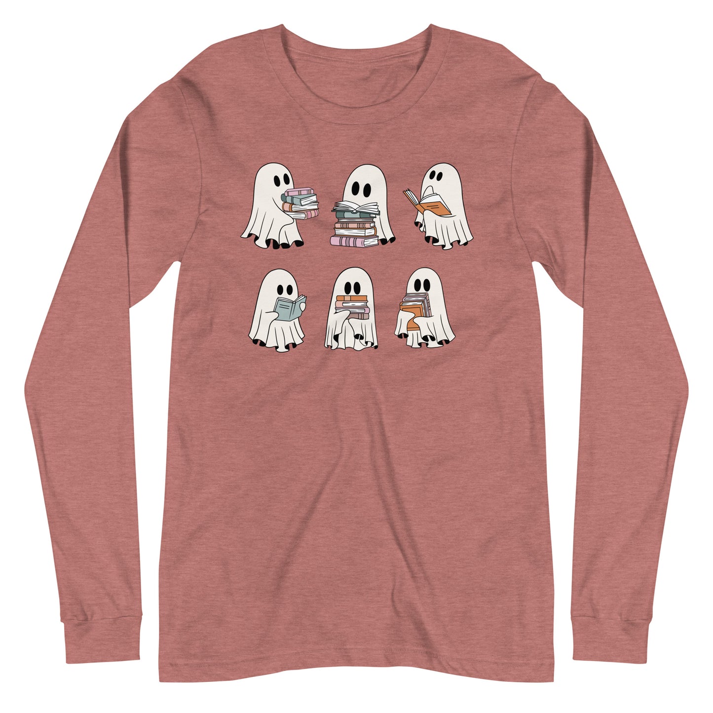 Cute Ghost Reading Halloween Book Lover Unisex Long Sleeve Tee