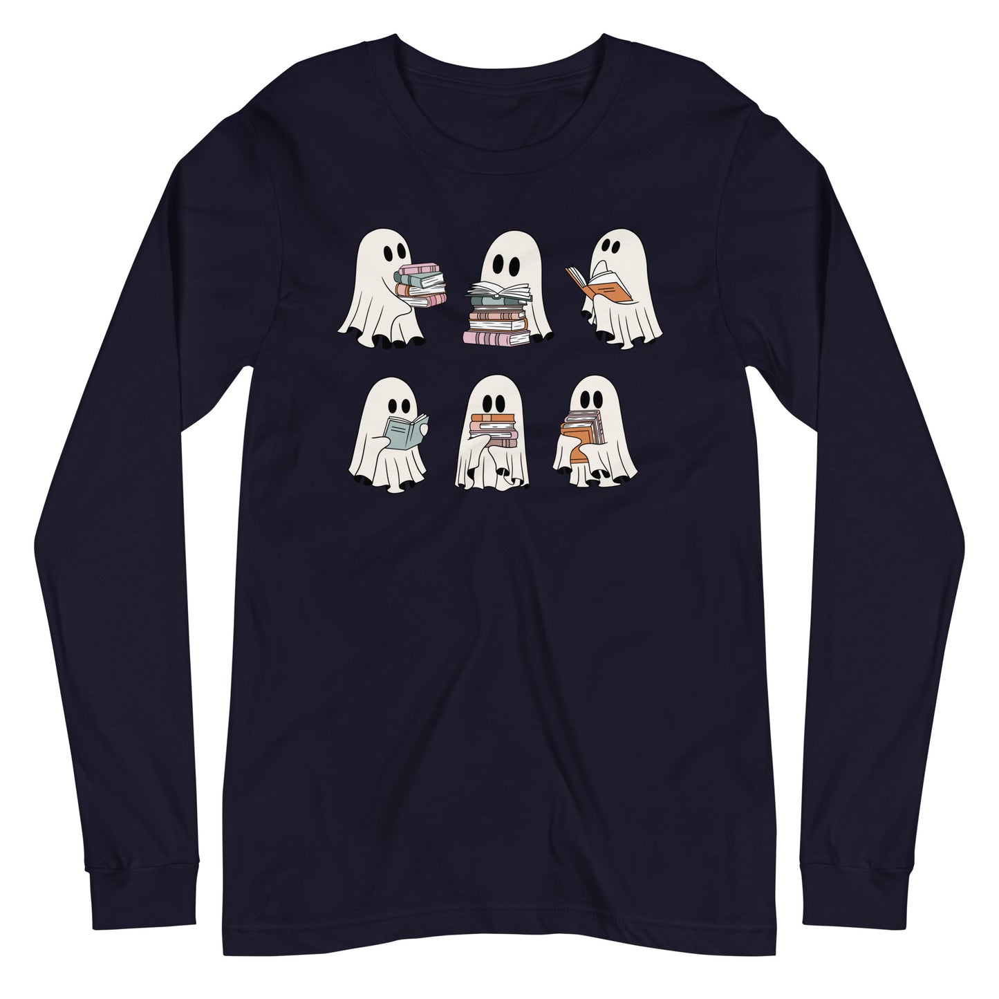 Cute Ghost Reading Halloween Book Lover Unisex Long Sleeve Tee